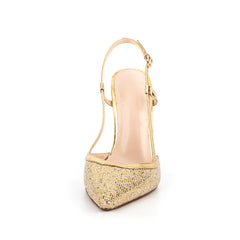 Gold Slingback Heels Buckle Sequin Sandals Pointed Toe Pumps 3