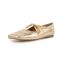 Chaussures plates confortables à bout pointu et nœud en cuir doré