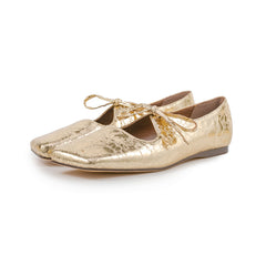 Chaussures plates confortables à bout pointu et nœud en cuir doré