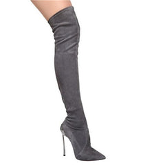 Grey Pointed Toe 5 Inch Stiletto Heel Thigh High Boots