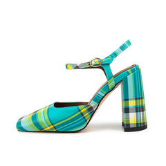 Green Plaid Square Toe Buckle Chunky Heel Summer Sandals for Women