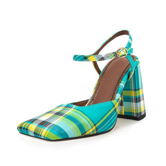Green Plaid Square Toe Buckle Chunky Heel Summer Sandals for Women