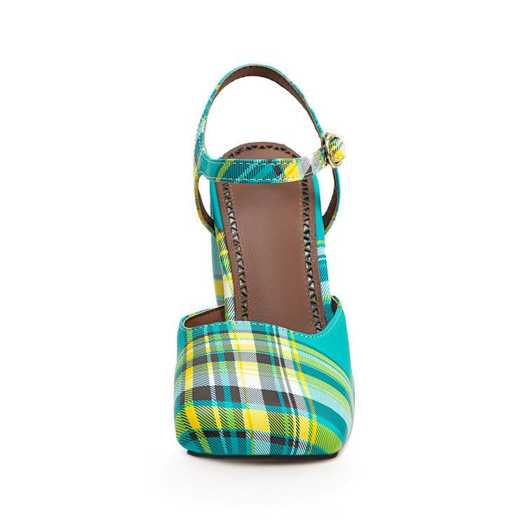 Green Plaid Square Toe Buckle Chunky Heel Summer Sandals for Women