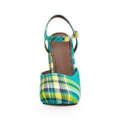 Green Plaid Square Toe Buckle Chunky Heel Summer Sandals for Women