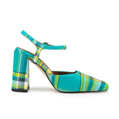 Green Plaid Square Toe Buckle Chunky Heel Summer Sandals for Women