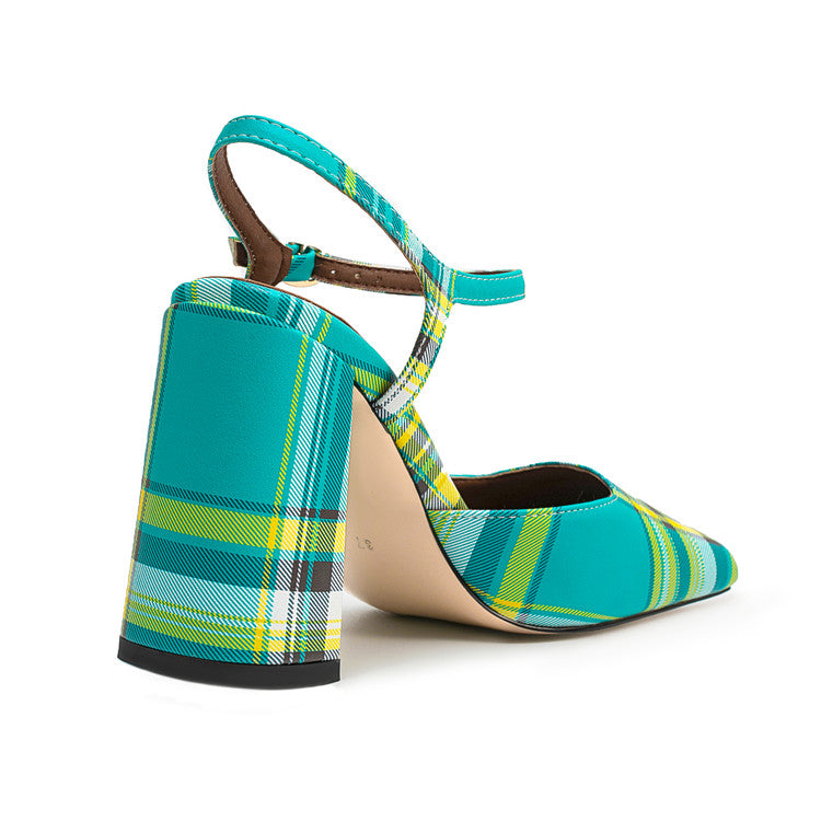 Green Plaid Square Toe Buckle Chunky Heel Summer Sandals for Women
