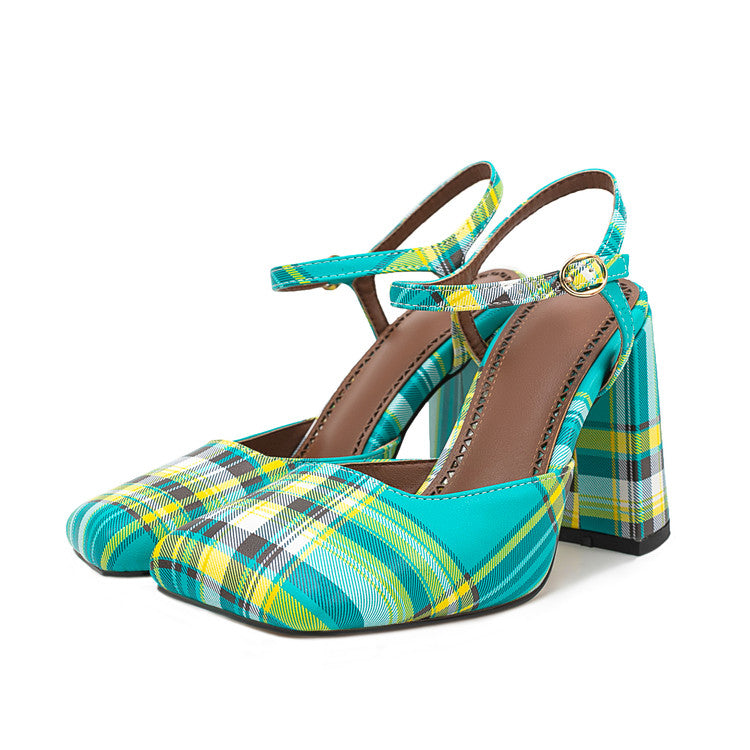 Green Plaid Square Toe Buckle Chunky Heel Summer Sandals for Women