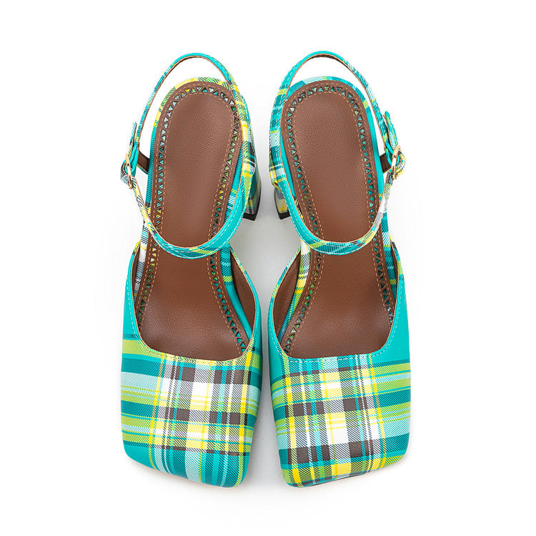 Green Plaid Square Toe Buckle Chunky Heel Summer Sandals for Women