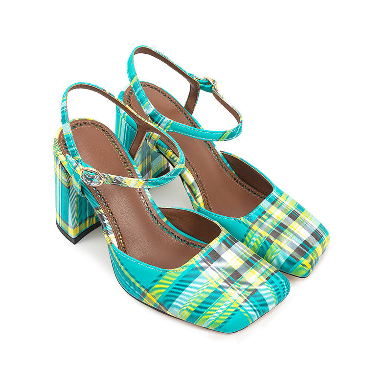 Green Plaid Square Toe Buckle Chunky Heel Summer Sandals for Women