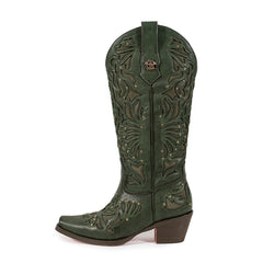 Green Square Toe Block Heel Hollow-out Cowgirl Boots