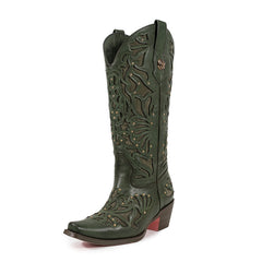 Green Square Toe Block Heel Hollow-out Cowgirl Boots