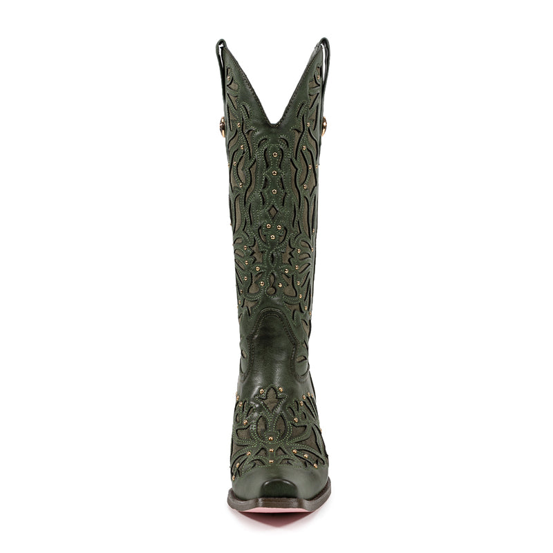 Green Square Toe Block Heel Hollow-out Cowgirl Boots