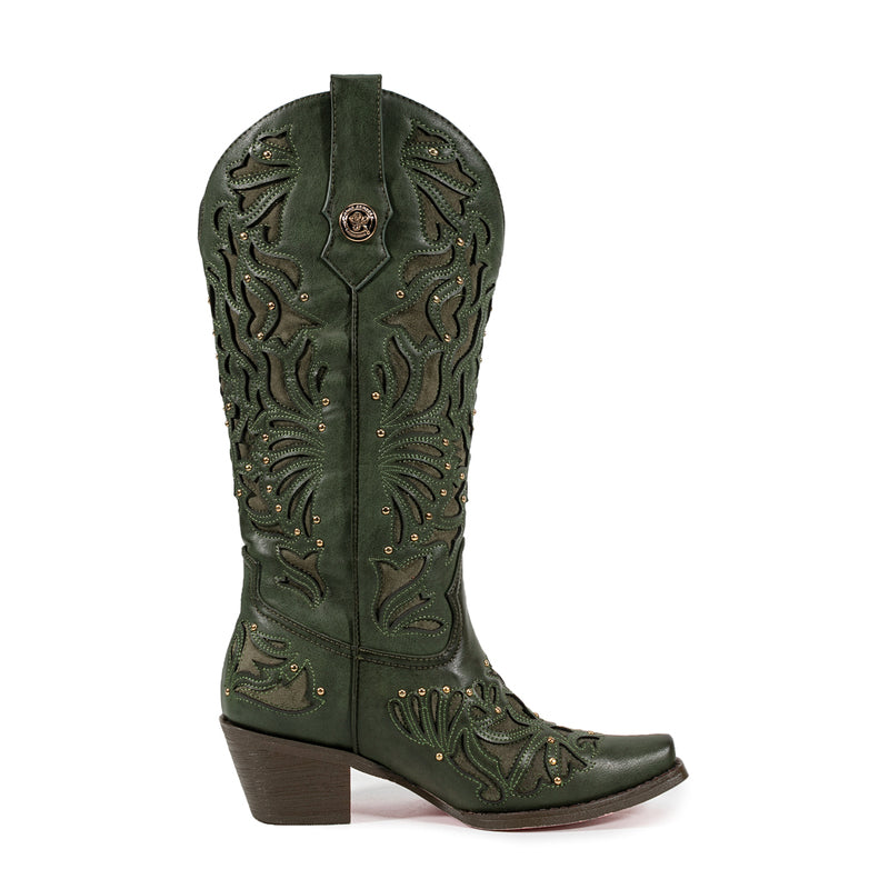 Green Square Toe Block Heel Hollow-out Cowgirl Boots