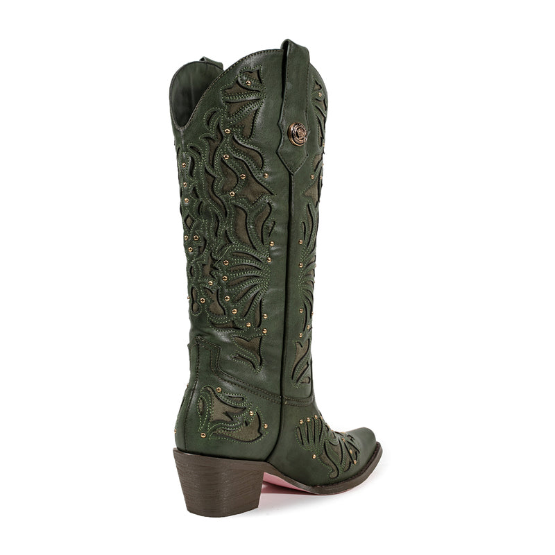 Green Square Toe Block Heel Hollow-out Cowgirl Boots