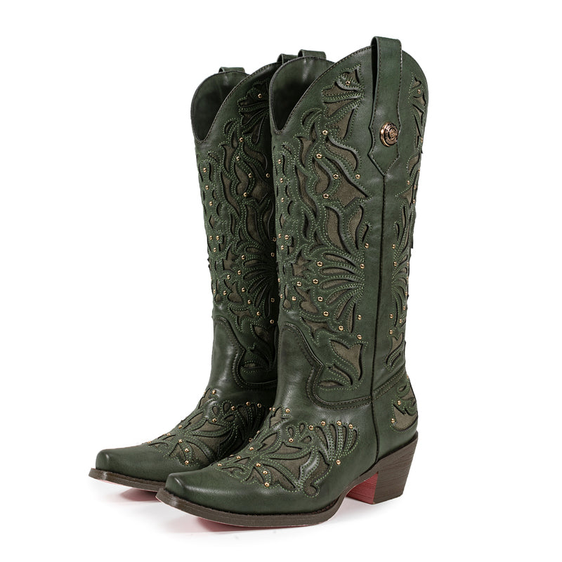 Green Square Toe Block Heel Hollow-out Cowgirl Boots