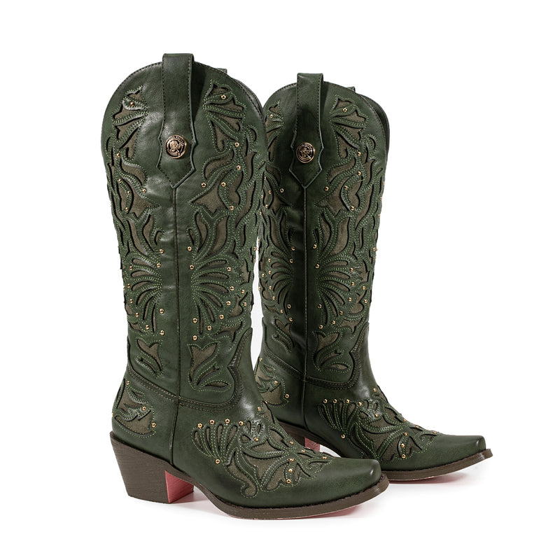 Green Square Toe Block Heel Hollow-out Cowgirl Boots