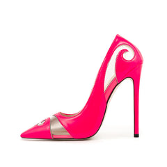 Hot Pink Patent Leather Carved Openwork Pointed-Toe Stiletto Heels