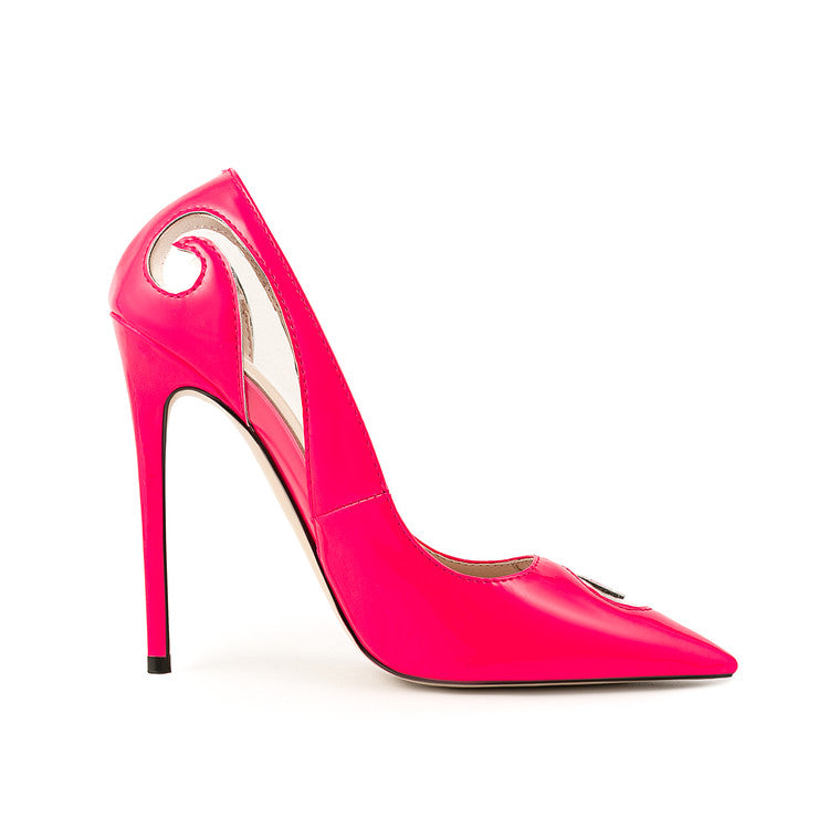 Hot Pink Patent Leather Carved Openwork Pointed-Toe Stiletto Heels