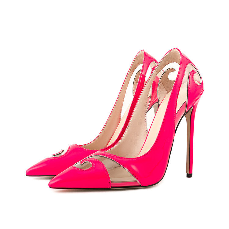 Hot Pink Patent Leather Carved Openwork Pointed-Toe Stiletto Heels