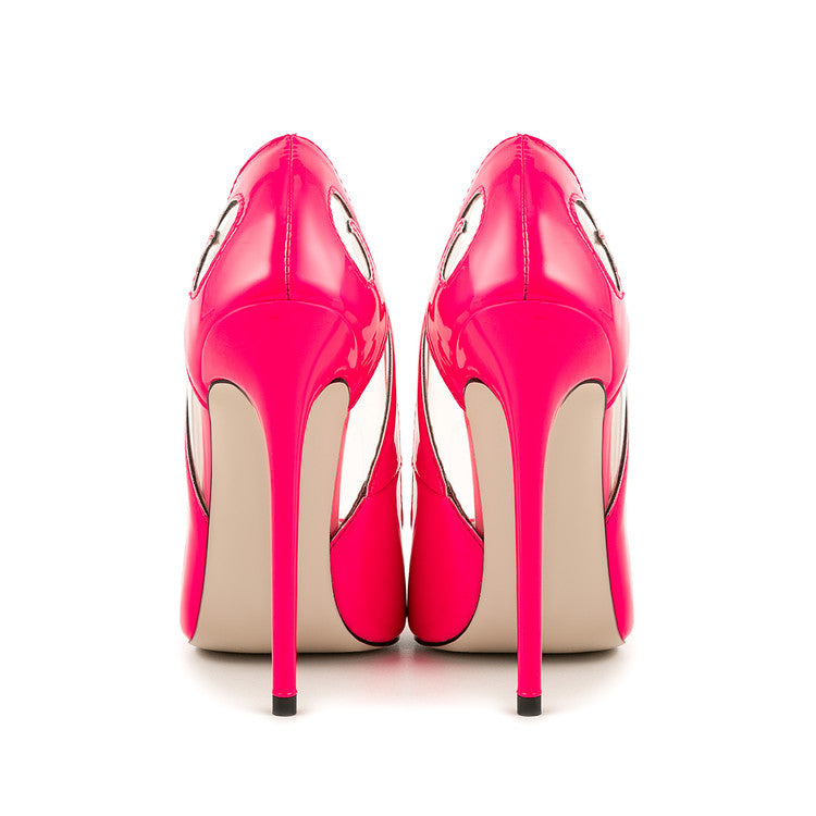 Hot Pink Patent Leather Carved Openwork Pointed-Toe Stiletto Heels