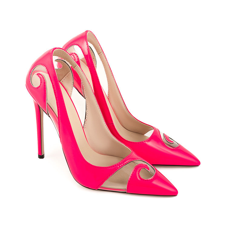 Hot Pink Patent Leather Carved Openwork Pointed-Toe Stiletto Heels
