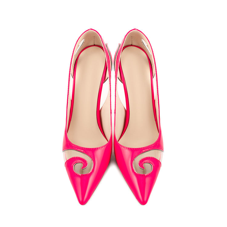 Hot Pink Patent Leather Carved Openwork Pointed-Toe Stiletto Heels