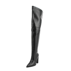 Black Pointed Toe Chunky High Heel Knee High Boots