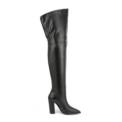 Black Pointed Toe Chunky High Heel Knee High Boots