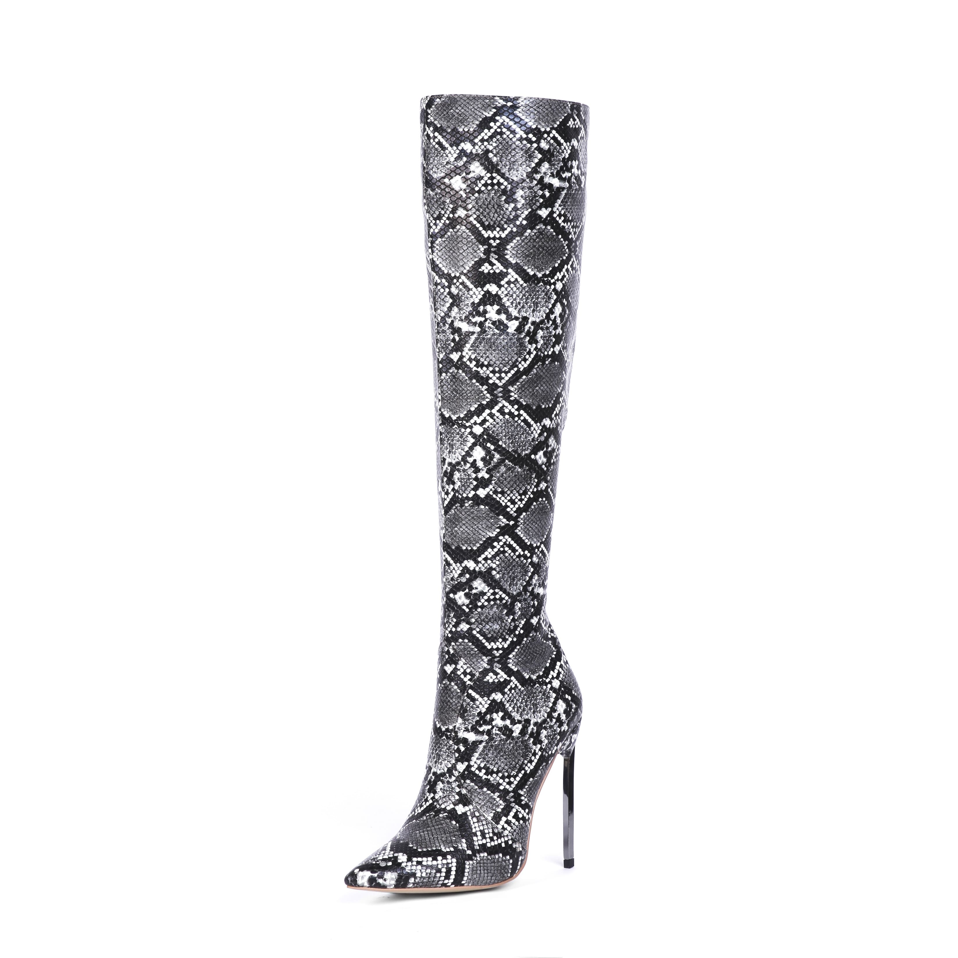 5 Inch Snakeskin Velvet Pointed Toe Stiletto Heel Knee High Boots