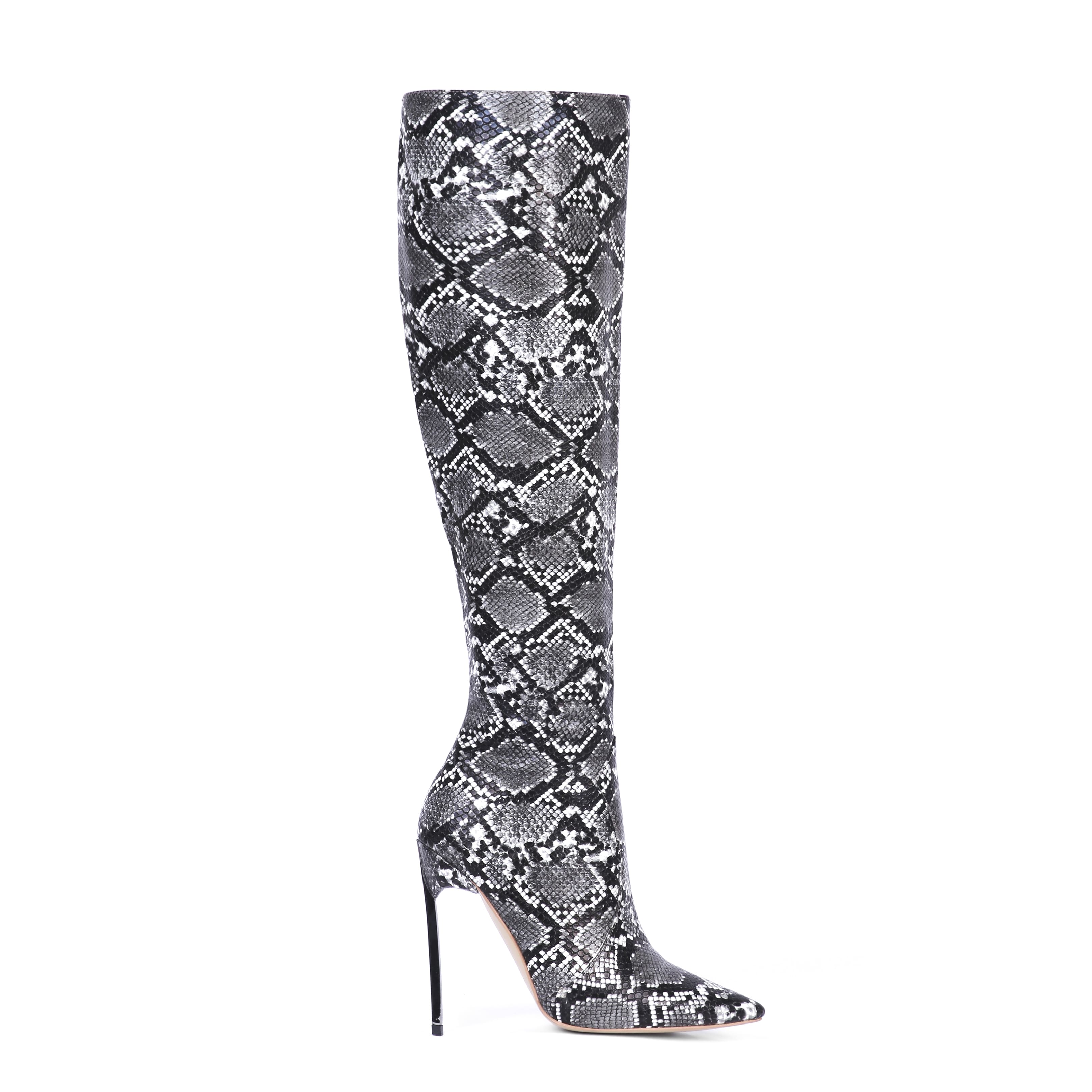 5 Inch Snakeskin Velvet Pointed Toe Stiletto Heel Knee High Boots