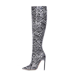 5 Inch Snakeskin Velvet Pointed Toe Stiletto Heel Knee High Boots