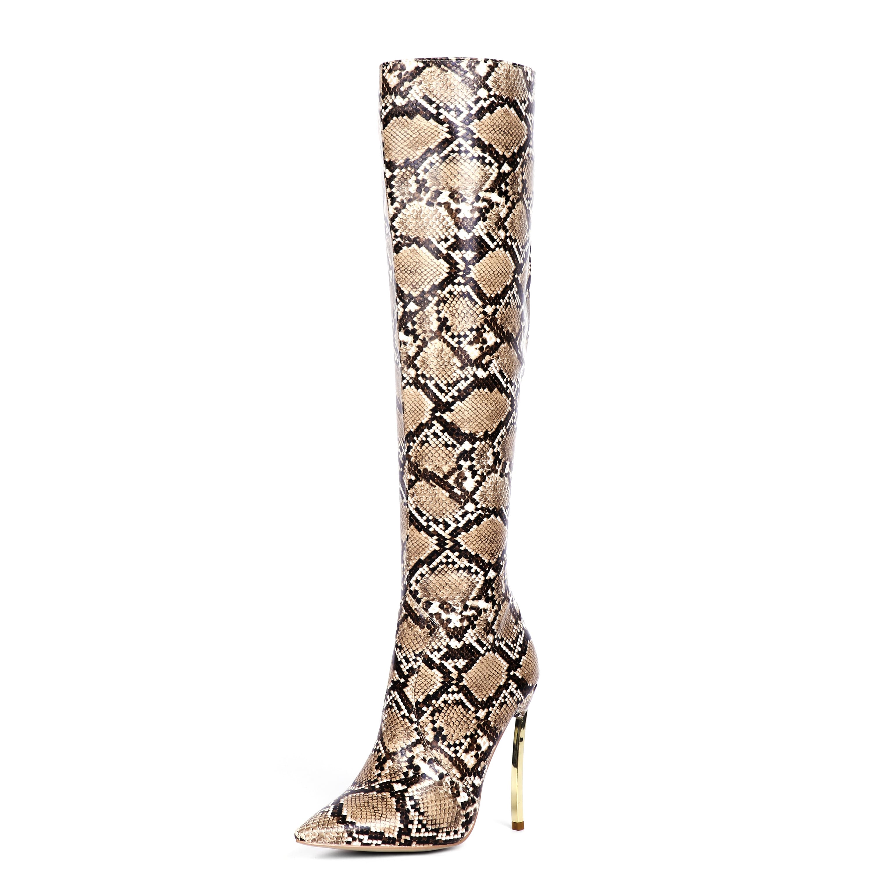 5 Inch Snakeskin Velvet Pointed Toe Stiletto Heel Knee High Boots