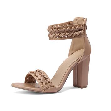 Khaki Braid Band Ankle Strap Black High Heel Sandals for Women