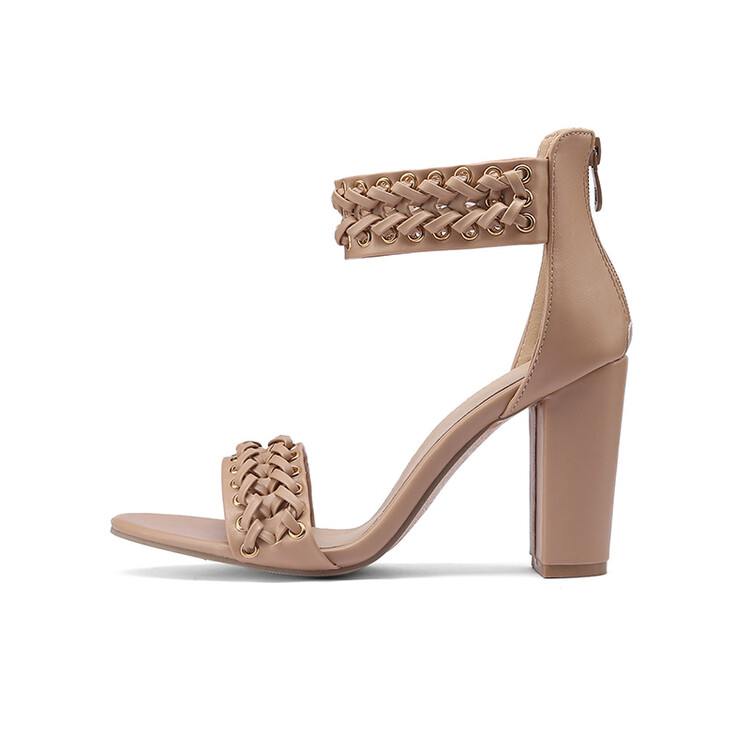 Khaki Braid Band Ankle Strap Black High Heel Sandals for Women