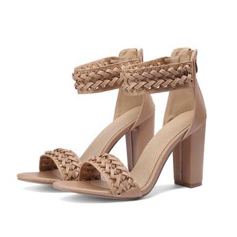 Khaki Braid Band Ankle Strap Black High Heel Sandals for Women