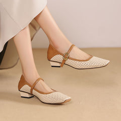 Leather Square Toe Block Heel Mary Jane Shoes