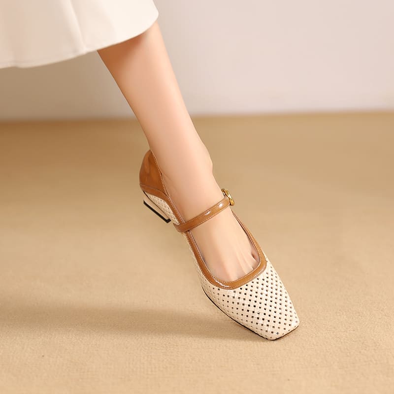 Leather Square Toe Block Heel Mary Jane Shoes