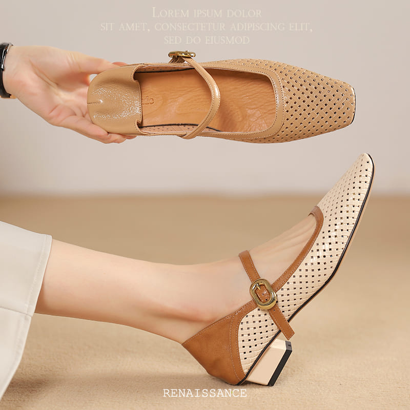 Leather Square Toe Block Heel Mary Jane Shoes