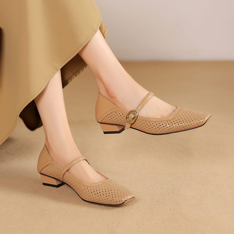 Leather Square Toe Block Heel Mary Jane Shoes