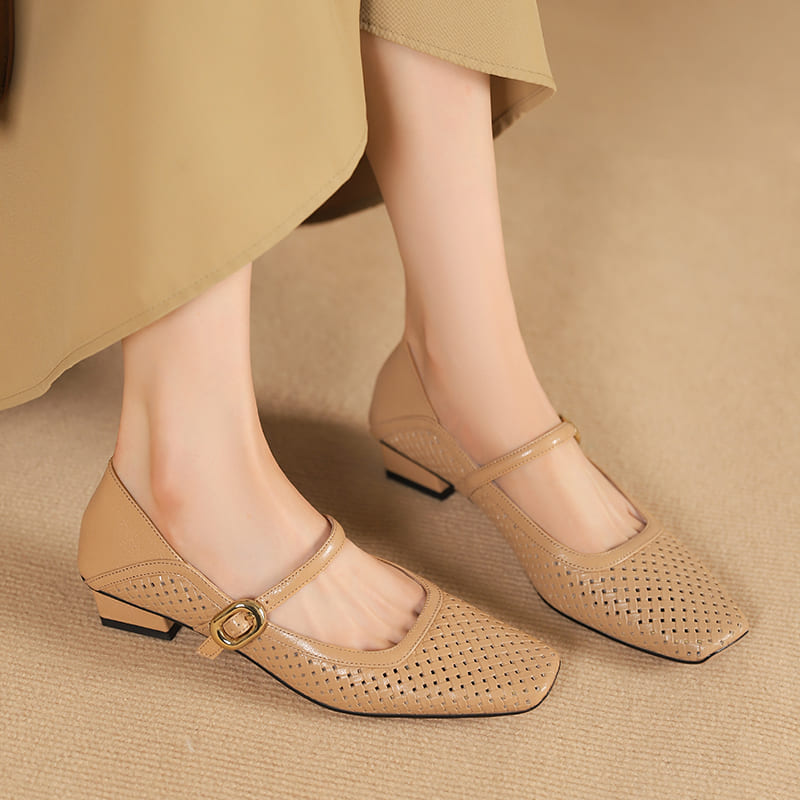 Leather Square Toe Block Heel Mary Jane Shoes