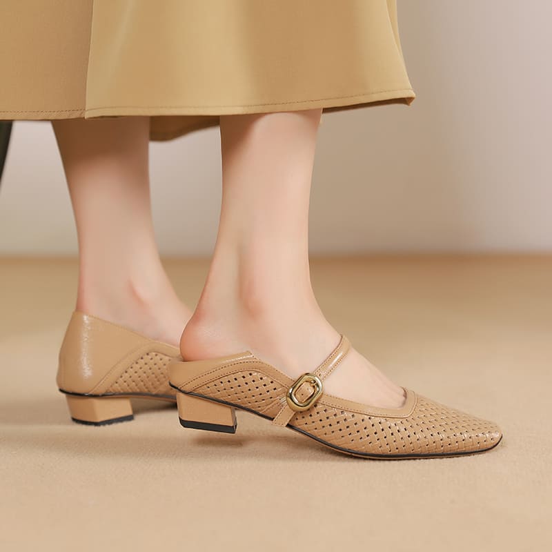 Leather Square Toe Block Heel Mary Jane Shoes