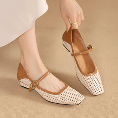 Leather Square Toe Block Heel Mary Jane Shoes