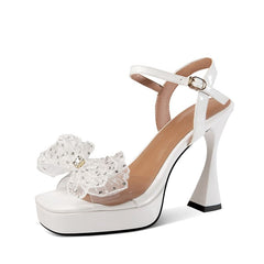 Square Toe 4'' Flared Heel Ankle Strap Sandals with Lace Flower