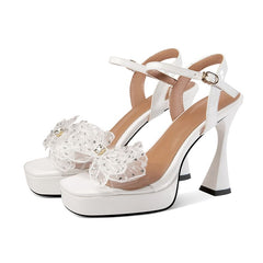 Square Toe 4'' Flared Heel Ankle Strap Sandals with Lace Flower