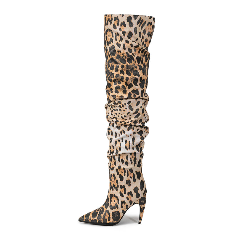Leopard Pointed Toe Stiletto Heel Sloch Boots Over-the-Knee Boots