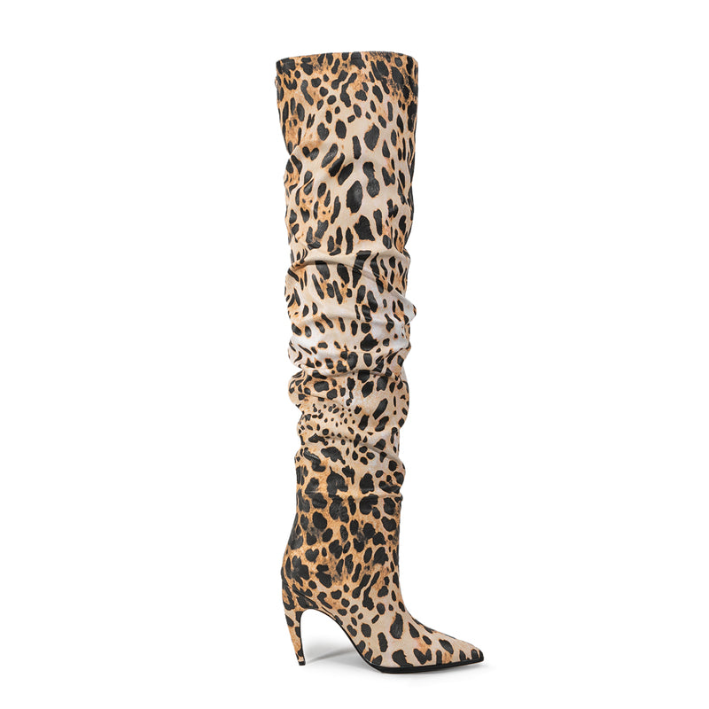 Overknee-Stiefel mit spitzer Zehenpartie und Stilettoabsatz in Leopardenmuster