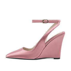Light Pink Satin Pointed-Toe Buckle Women Wedge Sandals