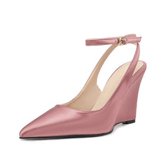 Light Pink Satin Pointed-Toe Buckle Women Wedge Sandals