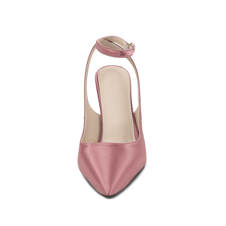 Light Pink Satin Pointed-Toe Buckle Women Wedge Sandals