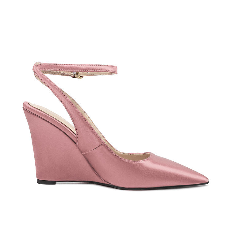 Light Pink Satin Pointed-Toe Buckle Women Wedge Sandals